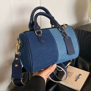 Structured Denim Mini Barrel Bag in Navy